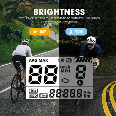 Electric Bike LCD Display For Mid Drive Ebike Kits, showing day and night backlight brightness settings.