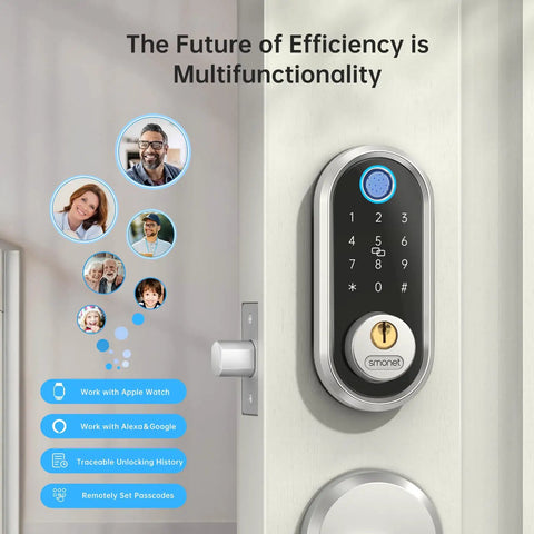 Slick Keyless Smart Deadbolt With Lightning Fast Fingerprint Reader And Digital Keypad For Heavy Duty Home Security Plus Remote App Access mounted on a door.