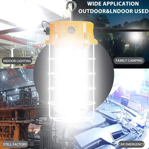 Beefed Up 100W LED Work Light With 15,000 Lumens used in various settings like campsites, factories, and car repairs.