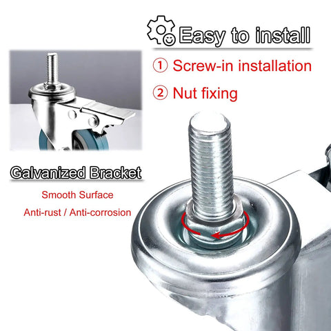 Tough As Nails Silent Roll Caster Wheels With Tight Dual Locks Smooth Glide Pvc Swivel Casters For Furniture Upgrade close-up of galvanized bracket and threaded stem.