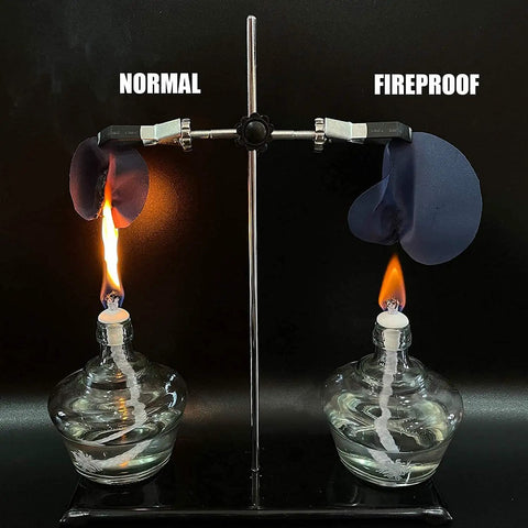 Fire resistance test showing two fabrics, one labeled 'Normal' burning and one labeled 'Fireproof' not burning, on lab burners.