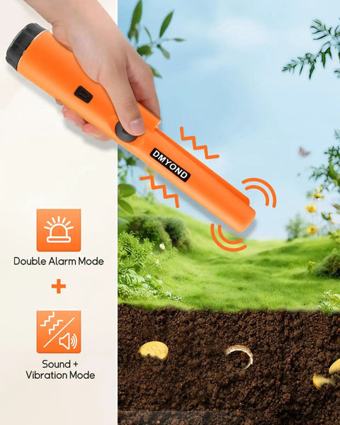 Professional Waterproof Metal Detector Pinpointer For Treasure Hunting handheld pinpointer in use above buried coins in soil.