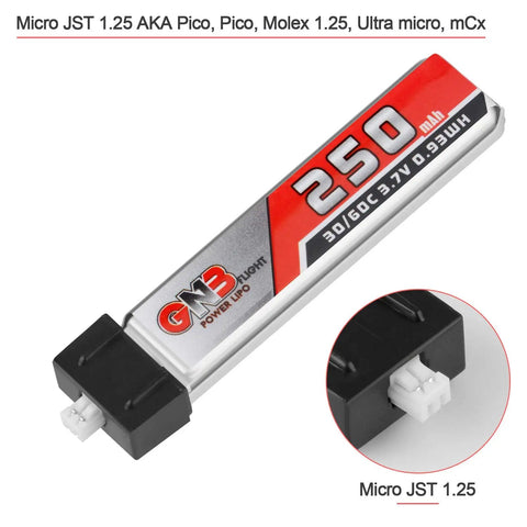 Four Pack 1S 3.7V 250mAh 30C LiPo Battery Set For Tiny Whoop FPV Drones With Micro JST 1.25 Connector Fits Blade Inductrix KingKong Tiny 6 And Other Micro Quads showing close-up of battery and Micro JST 1.25 connector