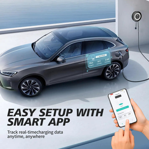 Level 2 EV Charger For Home Use, 11.5kW Fast 50A Charging Station With Smart WiFi App, connected to car, user holding phone