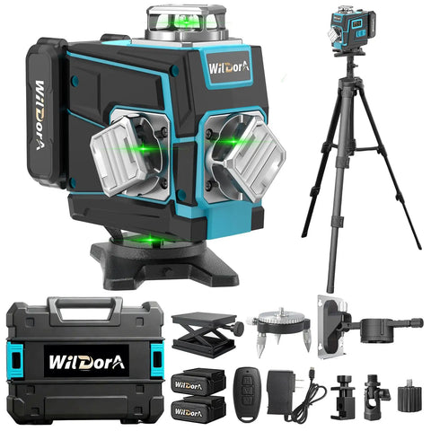 Laser Level With Tripod And Remote, 4x360 Degree Self Leveling Green Laser Leveler Tool, 16 Line Coverage, includes accessories and case