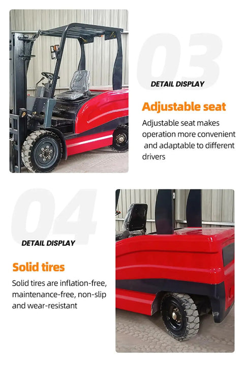 Adjustable seat of Heavy Duty Electric Forklift High Capacity Pallet Lifter With Steel Mast Anti Rust Finish for Harbor Docks.