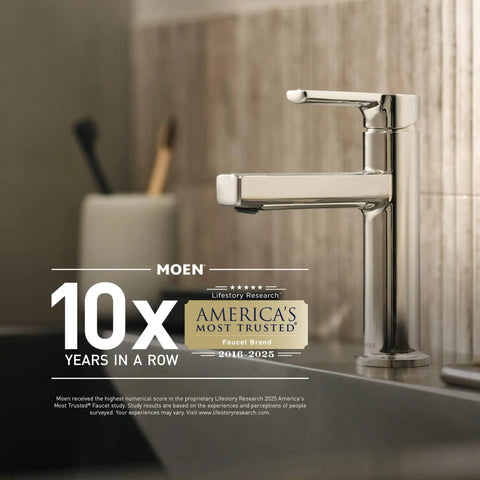 Sleek polished nickel faucet on bathroom sink, 10x award for America's most trusted faucet brand displayed.
