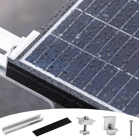 Close-up of All In One Aluminum Solar Panel Mounting Kit With 120mm Rails, showing panel surface, rail, and hardware components.