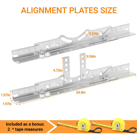 Upgraded Adjustable Toe Plates Wheel Alignment Tool Kit With Extension Rod And Measuring Tape showcasing alignment plates sizes and measurements.