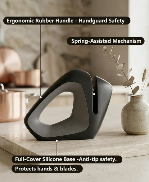 Side view of Smart Self Adaptive Knife Sharpener With Auto Angle Tech Delivers A Pro Edge In Seconds, silicone base, spring mechanism.