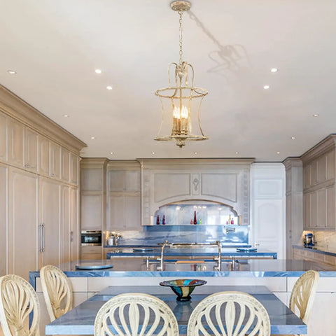 Elegant kitchen with Black Lantern Chandelier Light Fixtures, Four Light Candelabra Style Island Pendant Lighting.