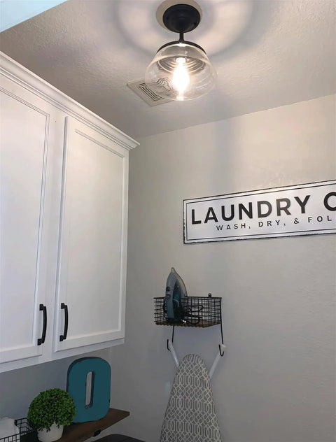 Summit 12 Inch Modern Industrial Farmhouse Semi Flush Mount Ceiling Light With Schoolhouse Glass Shade In Matte Black Finish Go To Bright Ceiling Fixture For Kitchen Hallway Or Living Spaces Rustic Yet Modern installed in laundry room