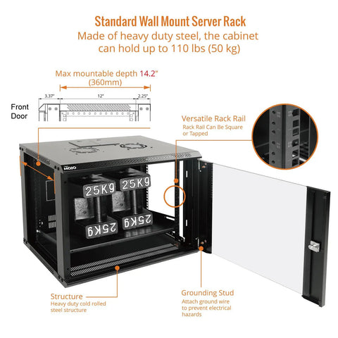 Nine U Wall Mount Server Cabinet With Lockable Tempered Glass Door And Side Panels Hella Secure Steel Build Knockout Design No Drama Setup For 19 Inch Network Racks Audio Gear Black, featuring sturdy steel structure and dimensions.