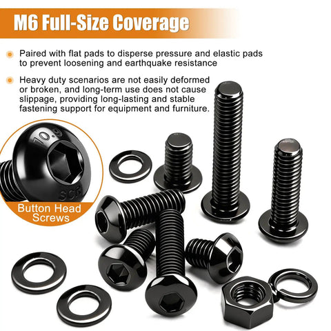 205-Piece M6 Bolt Set With Button Head Hex Socket Cap Screws M6 X 8 10 12 16 20 25 30 35 Millimeters with nuts and washers