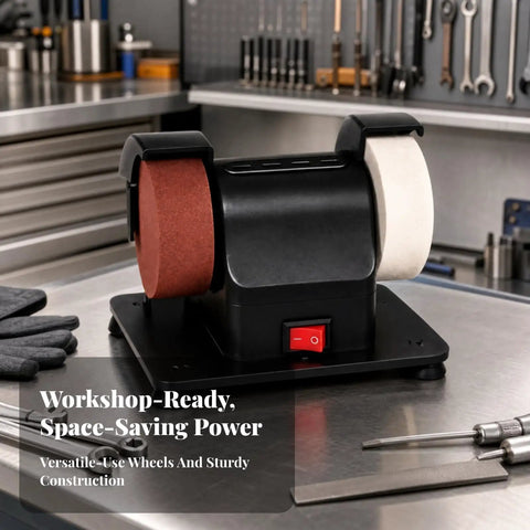 Compact Mini Bench Grinder With Low Vibration Design Runs Like A Champ For Sharpening And Polishing Jobs on a workshop counter.