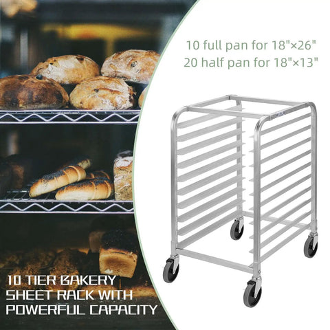 Mobile 10 Tier Bun Pan Rack With Wheels, Heavy Duty Aluminum Sheet Pan Rack Holds 10 Full Size Or 20 Half Size Pans