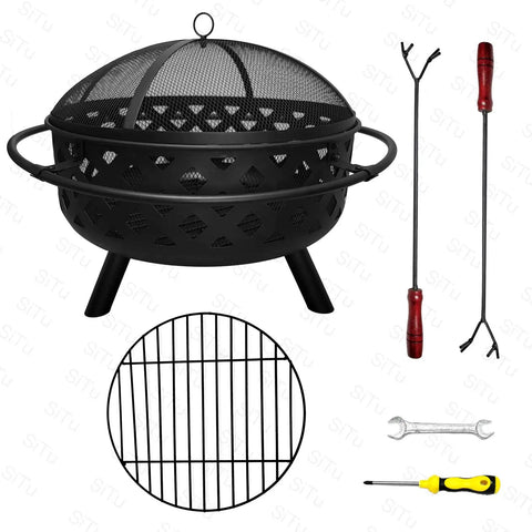 24 Inch Fire Pit With 2 Poker Tools And Cover, Outdoor Wood Burning Firepit with grill, tools, and cover displayed