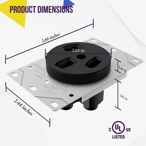 Heavy Duty NEMA 10-50R 50 Amp Black Outlet Socket dimensions showing 3.66 in x 2.44 in size, designed for heavy loads.