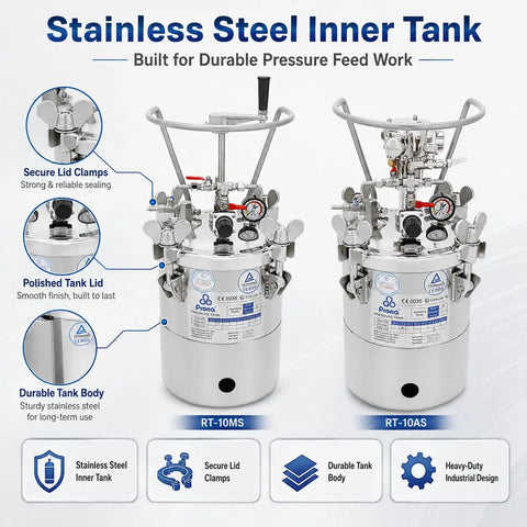 Built Like A Tank 10L Pneumatic Paint Pressure Pot Forged From Sus304 Stainless Steel secured with clamps for professional spray work.