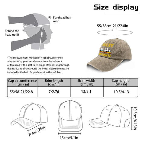 Size guide for Funny Vintage Camping Hat For Men I Tow It Cap with measurements and illustrations.