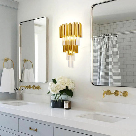 Mid Century Modern Crystal Wall Sconce 3 Light Antique Gold Finish for living room and hallway, installed above bathroom vanity
