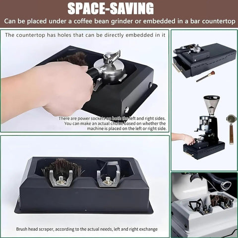 Auto Portafilter Cleaner Sweeping Up Spent Espresso Grounds With Zero Drama Using Durable Steel Knock Box And Nifty Brush Attachments For Slick Daily Cleaning At Your Home Or Commercial Bar. Shown being installed under a grinder.