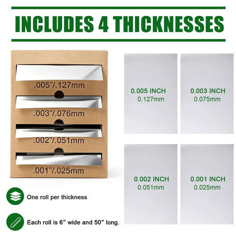 Pro Grade 301H Stainless Shim Stock Set, 4 Roll Assortment in 0.001 in, 0.002 in, 0.003 in, and 0.005 in thick, product image