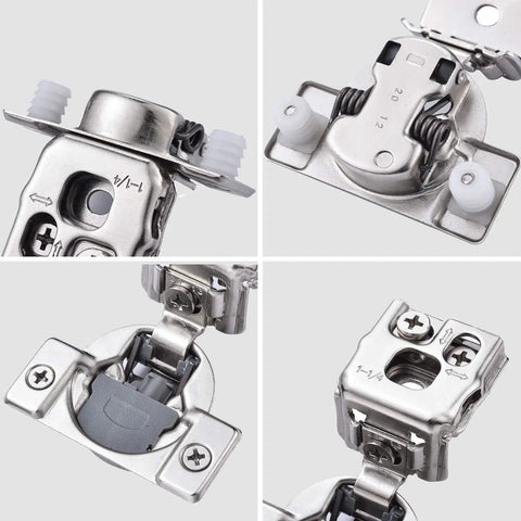 Forty Pack Pro Grade Soft Close Cabinet Hinges For Face Frame Doors One Quarter Inch Overlay Satin Nickel close-up showing adjustable concealed damper.