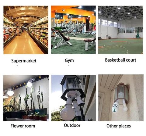 Two Bulbs In One Socket E26 E27 Adjustable Light Socket Splitter in various settings including supermarket, gym, and flower room.