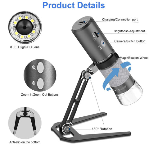 WiFi Digital Microscope 4K HD Camera With 50X To 1000X Magnification, Wireless Handheld Scope, Adjustable Stand, Compatible With iPhone Android iPad Mac Windows PC, Great For DIY Lab Work And Hobbies, shown with 8 LED lens and controls