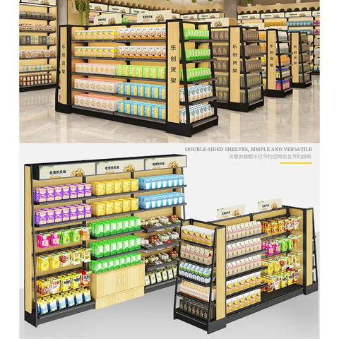 Heavy Duty Four Tier Metal Storage Shelves Double Sided Adjustable Supermarket Rack displaying food items in a retail space.