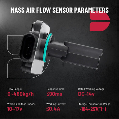 Mass Air Flow Sensor MAF AFH50M 05 for 3.8L GM V6 Vehicles with parameters and plug-and-play installation view.