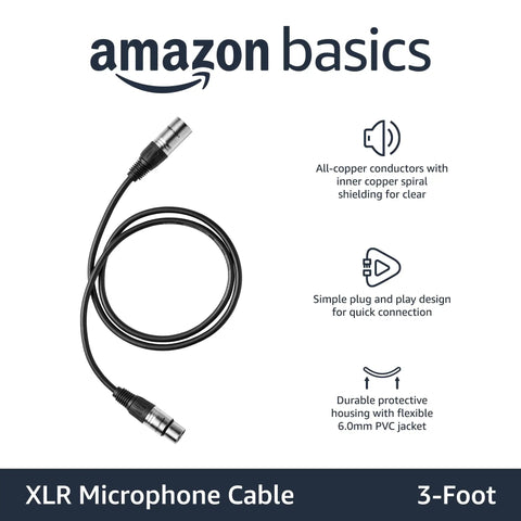 2 Pack XLR Microphone Cables For Recording Studio And PA Systems With 3 Foot Length Pro Grade Male To Female All Copper Conductors And Shielding Zinc Alloy 3 Pin Connectors Durable Black displayed on packaging with connector details