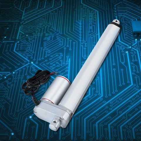 24V Permanent Magnet DC Motor Drive Linear Actuator With Built In Stroke Switch, 750N, 300mm, shown on tech background