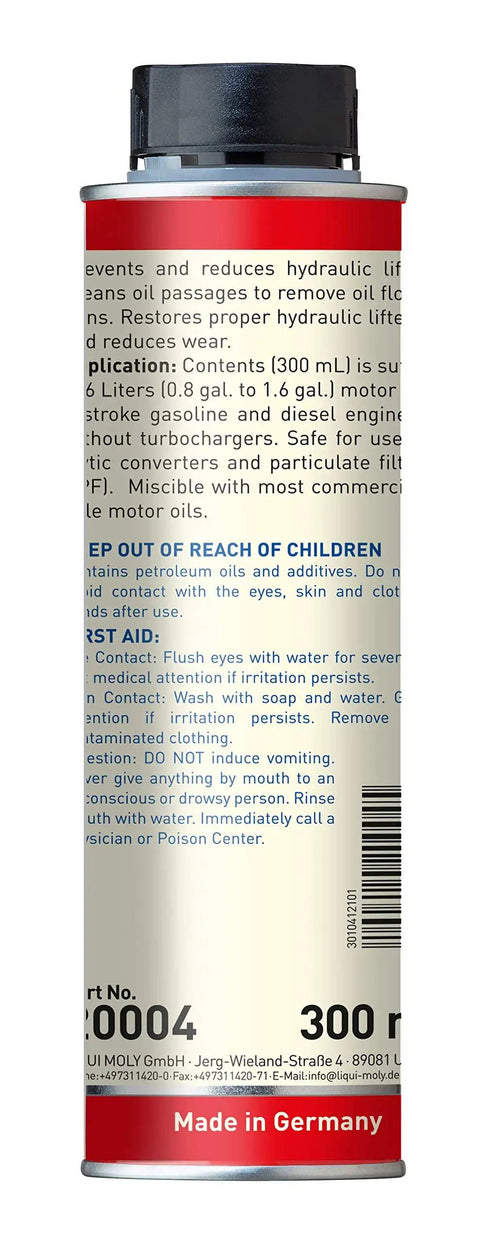 Back view of Hydraulic Lifter Additive For Engines 300 Ml Bottle with instructions and specifications visible.