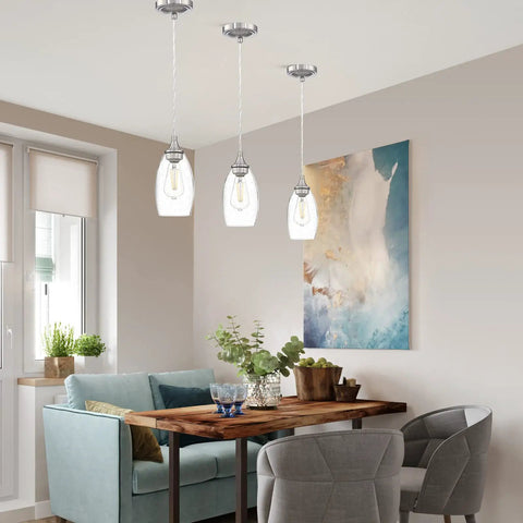 One Light Indoor Mini Hanging Pendant Lamps Set For Kitchen Island And Bar Handcrafted Glass Chandelier Shades In Seeded Clear Glass With Black Brushed Nickel Finish Perfect For Dining Room Breakfast Bar And Countertop Setup 3 Pack over dining area