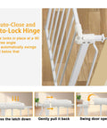 Extra Wide Baby Gate With Auto Close Pressure Mounted Walk Through Pet Gate For Doorways And Stairs, hinge and latch detail.