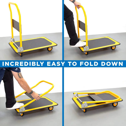 Heavy Duty Folding Hand Truck Dolly Featuring A Rock Solid 660 Pound Weight Capacity And Easy Glide 360 Swivel Casters Foldable Flatbed Cart shown folding down.