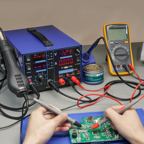 Three In One SMD Soldering Iron Station With Hot Air Rework DC Power Supply With Volt Meter 0 To 15V 0 To 2A Output 5V USB Port in use