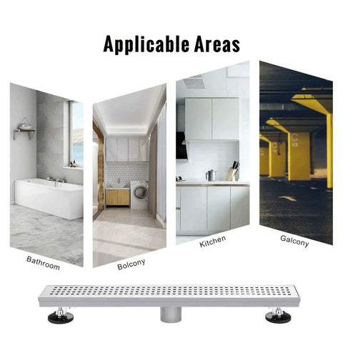 24 Inch Linear Shower Drain With Removable Square Hole Panel In Brushed 304 Stainless Steel Adjustable Feet Hair Strainer 2 Inch Outlet And X Shaped Diversion Groove For Smooth No Fuss Leak Free Drainage shown with applicable areas: bathroom, balcony, kitchen, and garage.