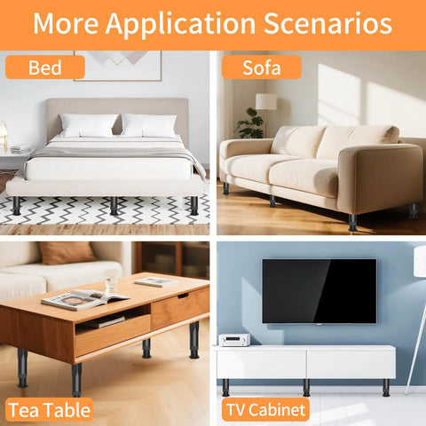 More application scenarios for Rock Solid Adjustable Bed Support Legs And Heavy Duty Furniture Frame Risers under bed, sofa, tea table, TV cabinet.