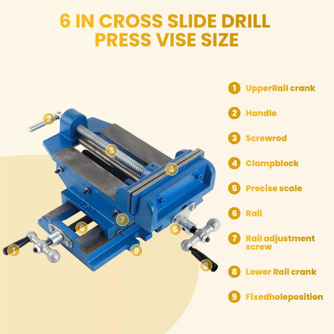 6 inch cross slide drill press vise showing upper crank, handle, screw rod, and precision scale for metal and wood projects.