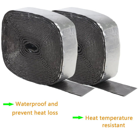 Heavy Duty Pipe Insulation Wrap Tape 32.8 Ft Long 3 Inch Wide Self Adhesive Fiberglass Foam With Aluminum Foil Layer Ceramic Water Pipe Insulation For Cold Weather Fits 1/2 To 1 1/4 Inch Pipes Black, two rolls displayed