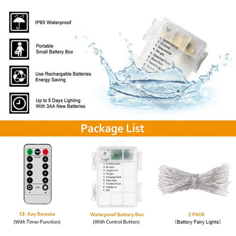 Two Pack Battery Operated String Lights With Remote Timer Waterproof Eight Modes 16.4 Foot Long 50 LED Indoor Outdoor Decor For Bedroom Garden Party Xmas Tree Warm White package contents