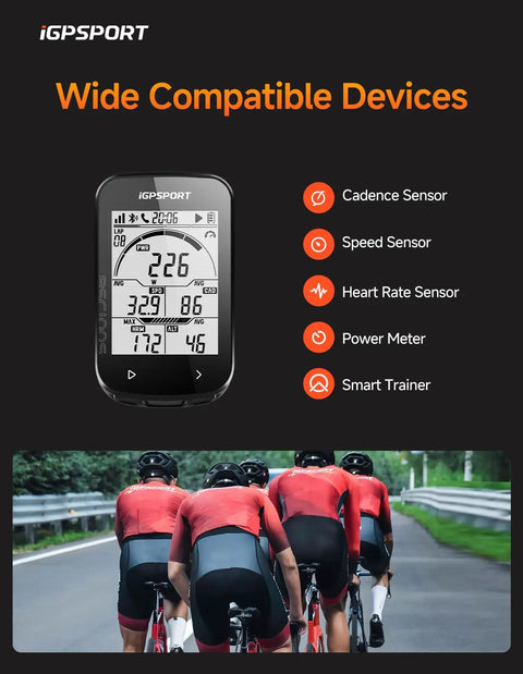 GPS Bike Computer With Wireless Connectivity And 2.6 Inch LCD Display showing metrics, cyclists riding, sensor compatibility icons