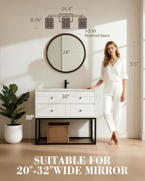 Room setting with 3 Light Vintage Style Vanity Light Fixture for Bathrooms in Oil Rubbed Bronze With Clear Seeded Glass above mirror