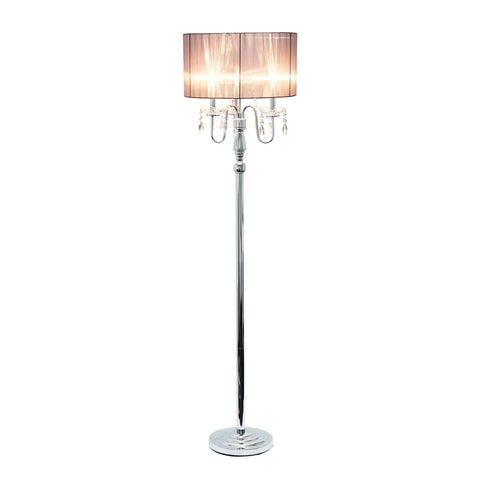 Romantic Cascading Crystal Floor Lamp With Sheer Drum Shade In Chrome Finish, White, Standing 61.5 Inches Tall With A 16.54 Inch Drum Shade
