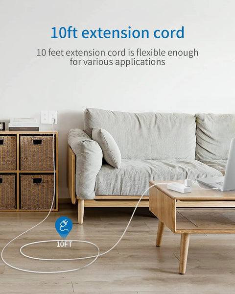 Living room setup with a 10ft cord from Two Prong To Six Outlet Power Strip With Ten Foot Extension Cord 2100J Surge Protector 1875W