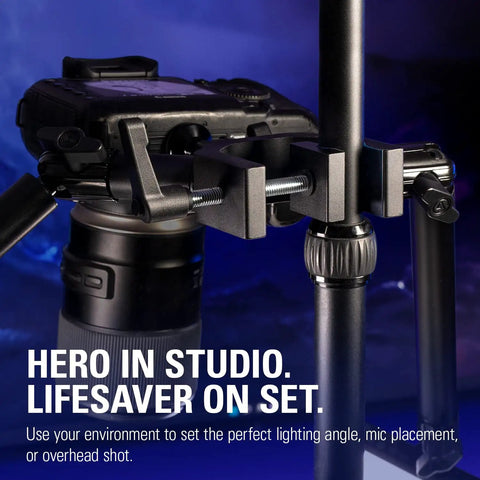 Heavy Duty Aluminum Camera And Lighting Mount Featuring Adjustable Ball Head with grip jaws securing camera to a stand.