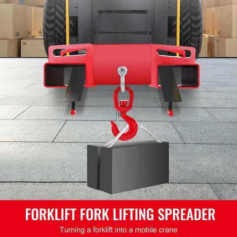 Heavy Duty Forklift Lifting Hook Swivel Attachment For Three Ton Capacity with red safety hook and lifting spreader.